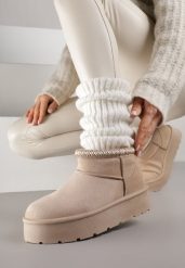 Ciemnobeżowe Śniegowce na Platformie z Haftem przy Cholewce Sewnera. Brązowe śniegowce damskie Renee, z dzianiny. Za 69.99 zł.