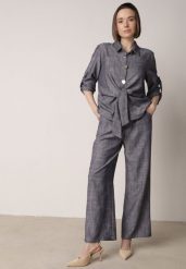 Niebieski Komplet z Lnem i Wiskozą Szerokie Spodnie i Koszula z Wiązaniem Ravilith. Niebieskie koszule damskie Born2be, bez wzorów, z bawełny. Za 229.99 zł.