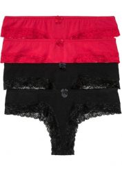 Figi brazylijskie (4 pary). Czarne figi damskie bonprix, z aplikacjami, z koronki. Za 62.99 zł.
