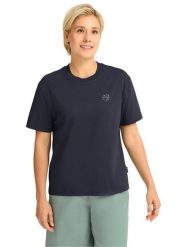 Jack Wolfskin Koszulka w kolorze granatowym rozmiar: XS. Niebieskie bluzki damskie Jack Wolfskin, xs, bez wzorów, z bawełny, bez kołnierzyka, bez ramiączek. Za 134.84 zł.