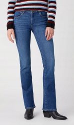 DAMSKIE SPODNIE WRANGLER BOOTCUT RENEGADE 112328896. Spodnie materiałowe damskie Wrangler, bez wzorów, z jeansu. Za 189.99 zł.