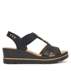 Sandały Rieker. Czarne sandały damskie Rieker, bez wzorów, bez obcasa, na koturnie. Za 319.99 zł.