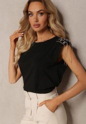 Czarny Top z Łańcuszkami i Kryształkami na Usztywnionych Ramionach Liefara. Czarne topy damskie Renee, s, bez wzorów, bez kołnierzyka. Za 39.99 zł.