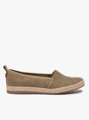 Oliwkowe espadryle ze skóry welurowej. Zielone espadryle damskie Ryłko, bez wzorów, z gumy, bez obcasa, na płaskiej podeszwie. Za 379.99 zł.