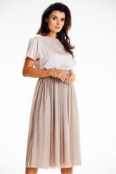 Elegancka sukienka midi z kimonowym rękawem beżowa. Brązowe sukienki damskie Awama, na imprezę, s, bez wzorów, eleganckie, bez kołnierzyka, bez ramiączek, midi. Za 399.00 zł.