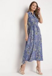 Niebiesko-Fioletowa Rozkloszowana Sukienka w Kwiaty bez Rękawów Syloria. Niebieskie sukienki damskie Born2be, na lato, l, bez wzorów, eleganckie, bez kołnierzyka, bez ramiączek, maxi, rozkloszowane. W wyprzedaży za 63.99 zł.