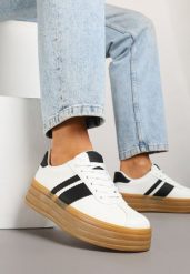 Białe Sneakersy Kultowe Tenisówki z Ozdobnymi Paskami Vandell. Białe trampki i tenisówki damskie Renee, bez wzorów, z jeansu. Za 79.99 zł.