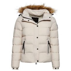Damska krótka kurtka z kapturem i sztucznym futrem Superdry. Szare kurtki damskie Superdry., m, z aplikacjami, z nylonu, z kapturem. Za 633.25 zł.