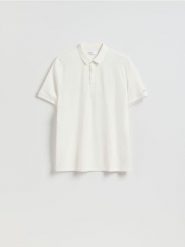 Koszulka polo regular z domieszką jedwabiu - biały. Białe koszulki polo męskie Reserved, l, bez wzorów, z dzianiny, bez ramiączek. Za 139.99 zł.