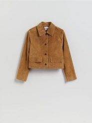 Skórzana marynarka - bursztynowy. Pomarańczowe marynarki i żakiety damskie Reserved, l, bez wzorów, ze skóry. Za 559.99 zł.