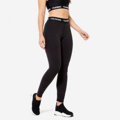 Legginsy fitness damskie Domyos. Czarne legginsy damskie DOMYOS, l, bez wzorów, z materiału. W wyprzedaży za 69.99 zł.