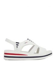 Rieker Sandały CEO-V02Y5-80 Biały. Białe sandały damskie Rieker, bez wzorów, z materiału, bez obcasa, na koturnie. Za 319.99 zł.
