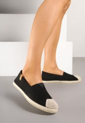 Czarne Espadryle z Elastyczną Wstawką Zdobione Plecionką Kinellis. Czarne espadryle damskie Renee, z aplikacjami, bez obcasa. Za 39.99 zł.
