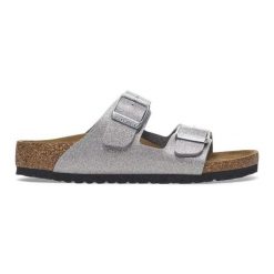 Klapki Birkenstock Arizona Bs 1029453 srebrny. Szare klapki damskie bez wzorów, z materiału, bez obcasa. Za 436.24 zł.