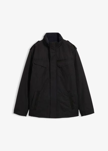 Wodoodporna kurtka funkcyjna ze zwijanym kapturem i patkami na ramionach. Czarne kurtki męskie bonprix, m, bez wzorów. Za 349.99 zł.