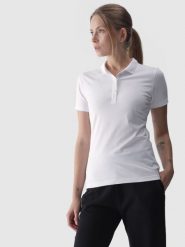 4F Koszulka polo slim damska - biała XL. Białe bluzki damskie 4f, xl, bez wzorów, z bawełny, klasyczne, bez kołnierzyka, bez ramiączek. W wyprzedaży za 59.99 zł.