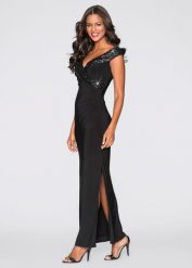 Sukienka z dżerseju z cekinami. Czarne sukienki damskie bonprix, bez wzorów, z dżerseju, eleganckie, bez kołnierzyka, bez ramiączek. Za 309.99 zł.