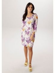 Aniston Sukienka w kolorze kremowo-fioletowym rozmiar: 48. Brązowe sukienki damskie Aniston, na co dzień, bez wzorów, bez kołnierzyka, bez ramiączek, midi, proste. Za 217.99 zł.