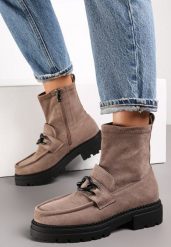 Beżowe Botki z Łańcuchem na Grubej Podeszwie Miceze. Brązowe botki damskie Renee, z jeansu, eleganckie, bez obcasa, na płaskiej podeszwie, bez zapięcia. Za 49.99 zł.
