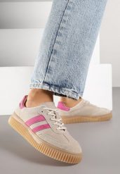 Beżowo-Fuksjowe Sneakersy Tenisówki z Wkładką ze Skóry Naturalnej Ozdobione Tłoczeniem Meluella. Brązowe trampki i tenisówki damskie Renee, bez wzorów, z jeansu. Za 189.99 zł.