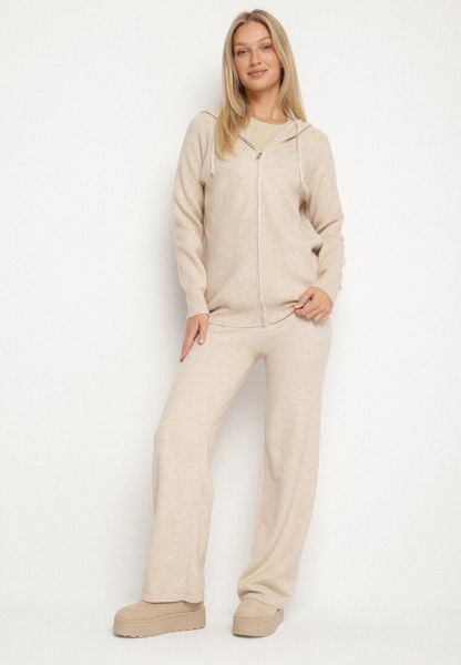 Beżowy Komplet Dzianinowy z Wełną Bluza z Kapturem i Szerokie Spodnie Otisela. Brązowe bluzy z kapturem damskie Born2be, z dzianiny. Za 109.99 zł.