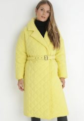 Żółta Kurtka za Kolano z Paskiem Pikowana Oversize Ivruce. Żółte kurtki damskie Born2be, na jesień, m, bez wzorów, bez kaptura. Za 119.99 zł.