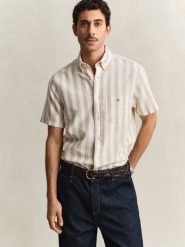 Gant Męska koszula z krótkim rękawem z lnu Mężczyźni Regular Fit Bawełna beżowy, XXL. Brązowe koszule męskie Gant, na lato, m, bez wzorów, z bawełny, bez kołnierzyka, bez ramiączek. Za 549.95 zł.