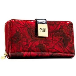 Lakierowany, duży portfel-piórnik damski ze skóry naturalnej w czerwonym kolorze - Peterson. Czerwone portfele damskie Peterson, bez wzorów, z lakierowanej skóry. Za 139.99 zł.