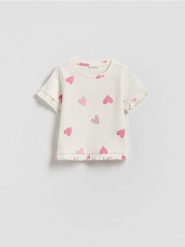 Bawełniany t-shirt z nadrukiem - złamana biel. Koszulki dziewczęce Reserved, m, bez wzorów, z bawełny, bez ramiączek. Za 35.99 zł.
