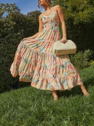 Milan Kiss Sukienka w kolorze kremowo-turkusowo-jasnoróżowym rozmiar: S. Brązowe sukienki damskie Milan Kiss, s, bez wzorów, bez kołnierzyka, bez ramiączek, maxi. Za 173.99 zł.