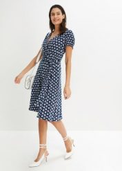 Sukienka z dżerseju z mieszanki wiskozy. Niebieskie sukienki damskie bonprix, bez wzorów, z dżerseju, bez kołnierzyka, bez ramiączek, dopasowane. Za 169.99 zł.