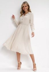 Beżowa Koszulowa Sukienka z Plisowanym Dołem i Paskiem Tesika. Brązowe sukienki damskie Born2be, l, bez wzorów, z materiału, eleganckie, bez kołnierzyka, bez ramiączek, midi, koszulowe. W wyprzedaży za 111.99 zł.