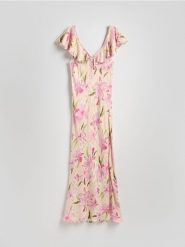 Sukienka maxi w kwiatowy wzór - wielobarwny. Sukienki damskie Reserved, l, bez wzorów, z wiskozy, bez kołnierzyka, bez ramiączek, maxi, dopasowane. Za 239.99 zł.