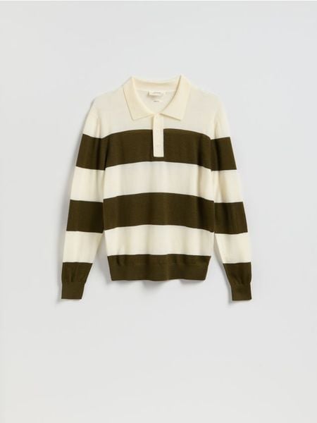 Sweter polo z wełny merino - zielony. Zielone swetry męskie Reserved, l, bez wzorów, z wełny, bez kołnierzyka. Za 229.99 zł.