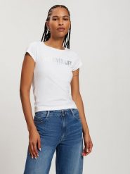 Cross Jeans Koszulka w kolorze białym rozmiar: L. Białe bluzki damskie Cross Jeans, l, bez wzorów, z bawełny, bez kołnierzyka, bez ramiączek. Za 57.06 zł.