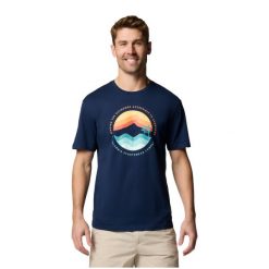T-shirt sportowy z krótkim rękawem męski Path Lake II Graphic Tee. Niebieskie t-shirty męskie Columbia, m, bez wzorów, z bawełny, bez kołnierzyka. Za 119.99 zł.