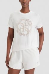 GUESS Biały damski t-shirt na krótki rękaw z cyrkoniami Corinne, Rozmiar XS. Białe t-shirty damskie Guess, xs, z aplikacjami, bez kołnierzyka. Za 239.99 zł.