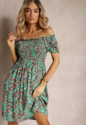 Zielona Hiszpanka Sukienka z Wiskozy w Kwiatowy Wzór z Gumką w Pasie Silemia. Zielone sukienki damskie Renee, na co dzień, m, bez wzorów, z wiskozy, eleganckie, bez kołnierzyka, bez ramiączek, mini, proste. W wyprzedaży za 43.99 zł.