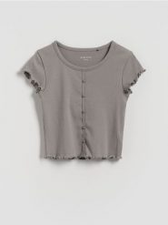 T-shirt z guzikami - ciemnoszary. Szare koszulki dziewczęce Reserved, bez wzorów, z bawełny, bez ramiączek. Za 29.99 zł.