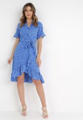 Niebieska Sukienka Irede. Niebieskie sukienki damskie Born2be, na imprezę, na lato, l, bez wzorów, z materiału, klasyczne, bez kołnierzyka, bez ramiączek, midi, kopertowe. W wyprzedaży za 143.99 zł.