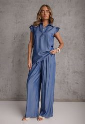 Niebieski Komplet z Wiskozą Bluzka z Kołnierzem i Spodnie Wide Leg Naunne. Niebieskie spodnie materiałowe damskie Renee, bez wzorów, z wiskozy. Za 99.99 zł.