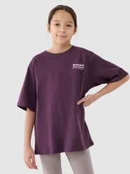 4F T-shirt oversize z nadrukiem dziewczęcy - fioletowy 122 (6-7 lat). Fioletowe koszulki dziewczęce 4f, bez wzorów, z bawełny, bez ramiączek. W wyprzedaży za 19.99 zł.