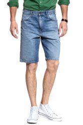 KRÓTKIE SPODENKI WRANGLER DENIM SHORT SLEDGEHAMMER W14CGW15X 112126591. Niebieskie szorty męskie Wrangler, z denimu, bez kołnierzyka. Za 169.99 zł.