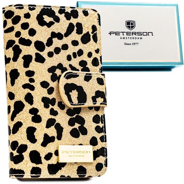Złoty, pionowy portfel damski ze skóry ekologicznej i naturalnej w cętki, wyposażony w system RFID - Peterson. Żółte portfele damskie Peterson, bez wzorów, ze skóry ekologicznej. Za 129.99 zł.