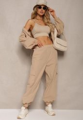 Beżowy Komplet Dresowy Spodnie Bojówki z Gumką w Pasie i Bluza na Suwak Zakończona Ściągaczem na Dole Tiazena. Brązowe bluzy bez kaptura damskie Renee, l, z dresówki. Za 149.99 zł.