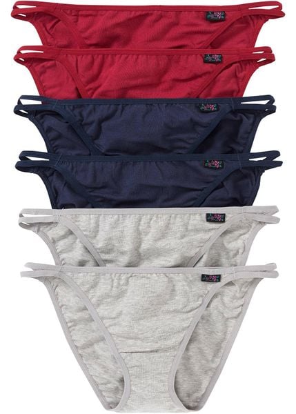 Figi tanga z miękką bawełną organiczną (6 par). Szare figi damskie bonprix, z aplikacjami, z bawełny. Za 59.99 zł.