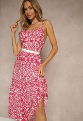 Różowa Bawełniana Sukienka w Geometryczny Wzór Koloniela. Czerwone sukienki damskie Renee, na co dzień, l, bez wzorów, z bawełny, eleganckie, bez kołnierzyka, bez ramiączek, midi. W wyprzedaży za 41.99 zł.