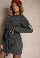 Ciemnoszara Sukienka Sweterkowa z Wełną Ozdobiona Cyrkoniami Paskiem i Wycięciami Zolida. Szare sukienki damskie Renee, na co dzień, bez wzorów, z wełny, eleganckie, bez kołnierzyka, bez ramiączek, mini, dopasowane. W wyprzedaży za 135.99 zł.