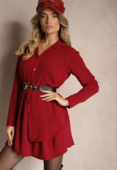 Bordowa Koszulowa Sukienka o Asymetrycznym Rozkloszowanym Kroju z Gumką w Talii Eloriana. Czerwone sukienki damskie Renee, na co dzień, bez wzorów, eleganckie, z asymetrycznym kołnierzem, bez ramiączek, mini, asymetryczne. W wyprzedaży za 71.99 zł.