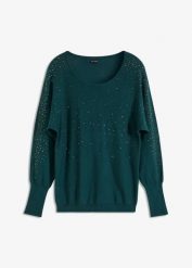 Cienki sweter z aplikacją ze sztrasów. Zielone swetry klasyczne damskie bonprix, bez kołnierzyka. Za 129.99 zł.